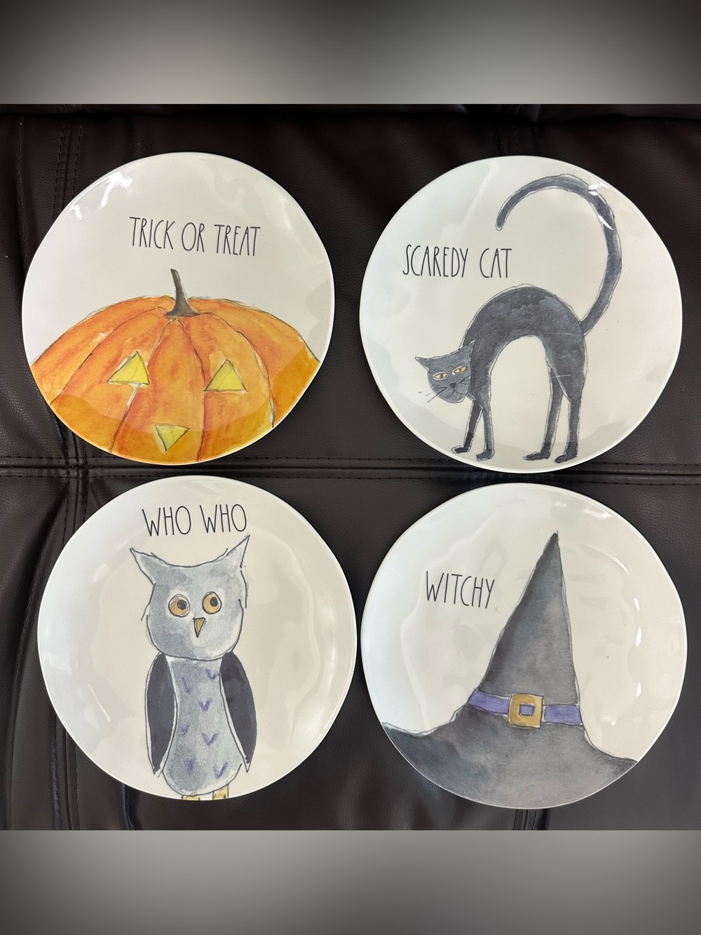 Rae Dunn Halloween Plates Set of 4 – Witch, Cat, Owl, Pumpkin Collection – NEW